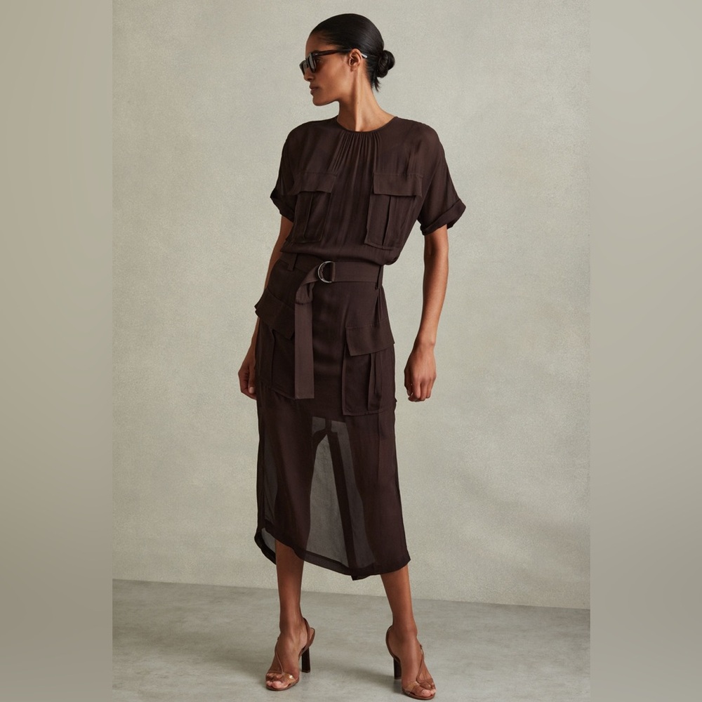 Reiss Chocolate Essie Mesh Utility Belted Midi Dress